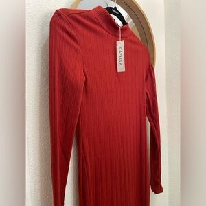 NWT Capella Red Ribbed Mock Neck Long Sleeve Slim Fitting Bodycon Dress